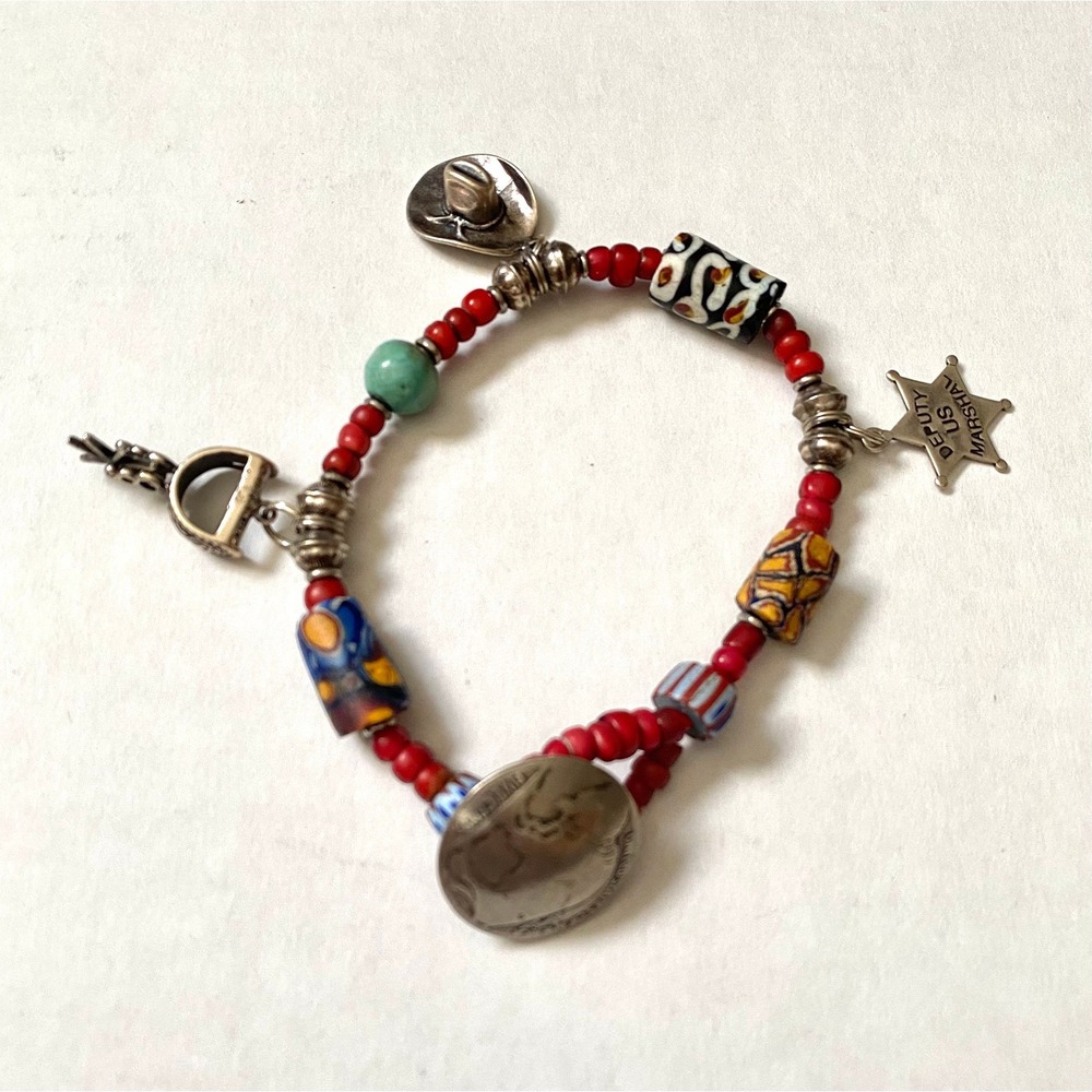 Vintage Southwestern Bracelet glass Bead, Sterling Charms & Buffalo Nickel Clasp